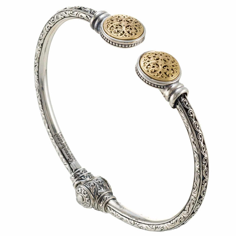 Mediterranean Round Face Bracelet - 18k Gold and Sterling Silver - Hinged Bangle Bracelet