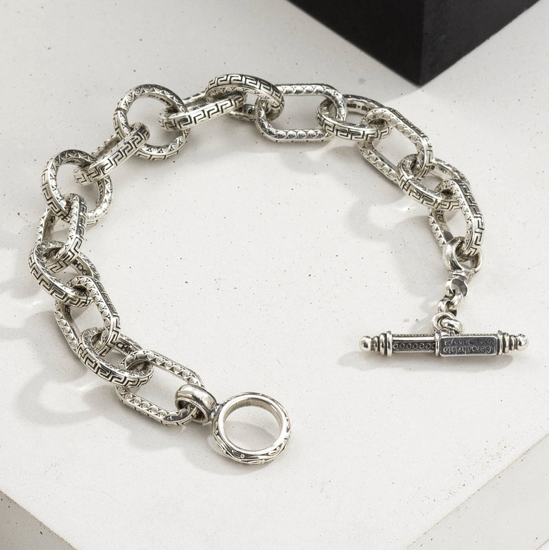 Oval Greek Key Bracelet - Sterling Silver - Empty Charm Link Bracelet