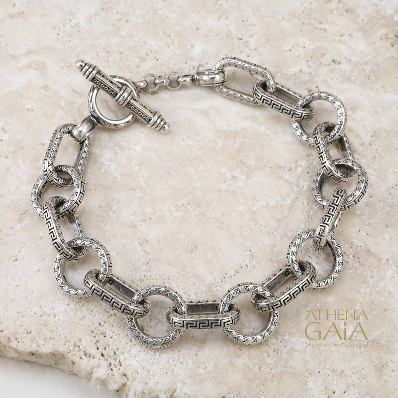 Oval Greek Key Bracelet - Sterling Silver - Empty Charm Link Bracelet