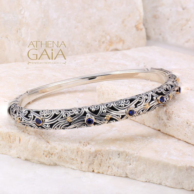 Kynthia Stone Path Bracelet- 18k Gold and Sterling Silver - Hinged Bangle Bracelet