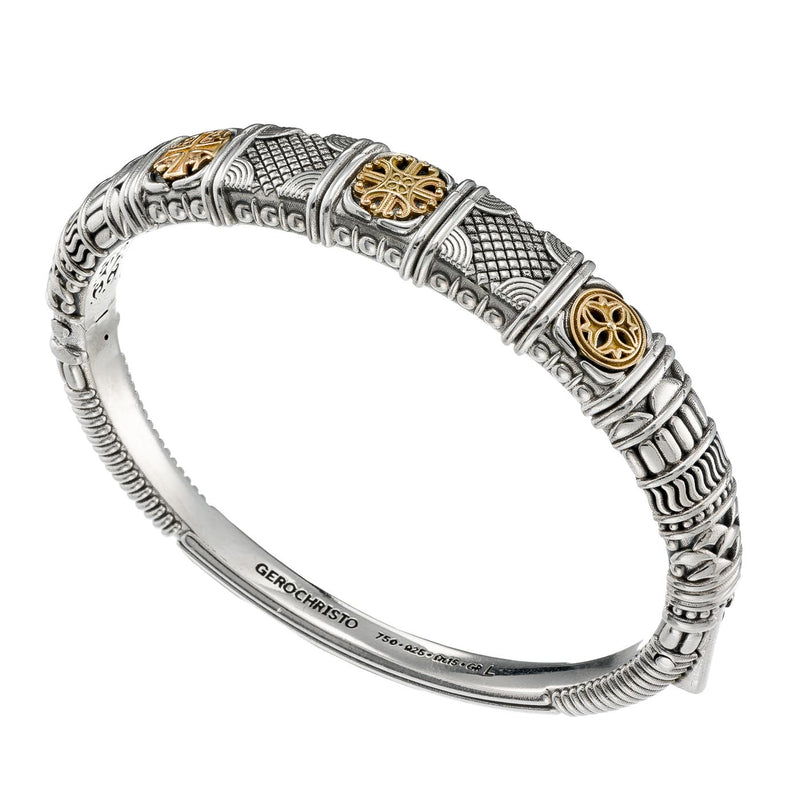 Alexander Shield Bracelet - 18k Gold and Sterling Silver Bracelet - Hinged Bangle Bracelet