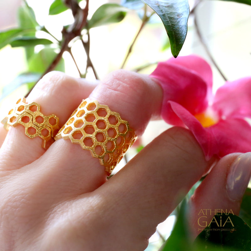 Wide Honeycomb Open Ring - 14k Gold Ring - Cigar Band Ring