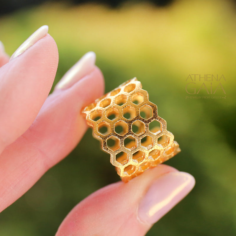 Wide Honeycomb Open Ring - 14k Gold Ring - Cigar Band Ring