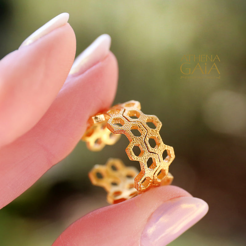 Narrow Honeycomb Open Ring - 14k Gold Ring - Cigar Band Ring
