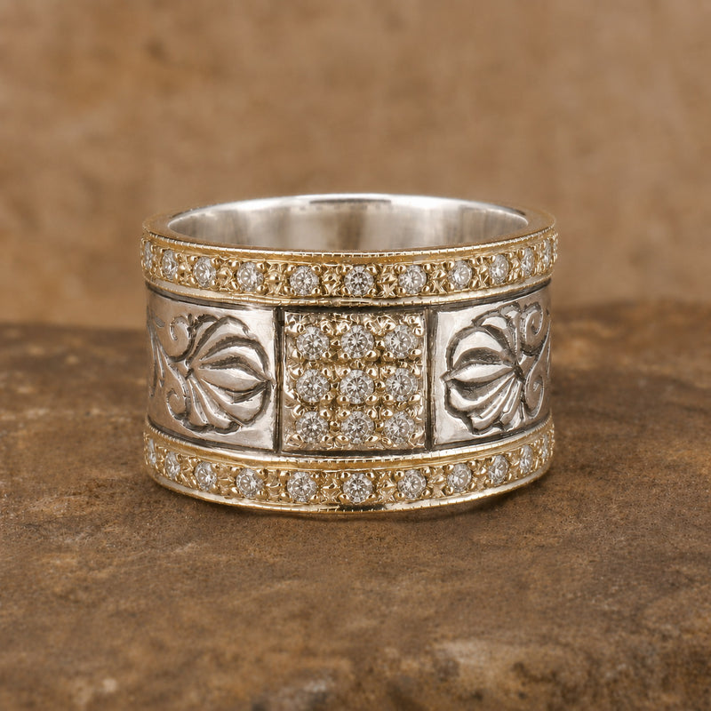 Stone Gold Field Tall Double Ring 18 Gold & Sterling Silver Ring - Cigar Band Ring