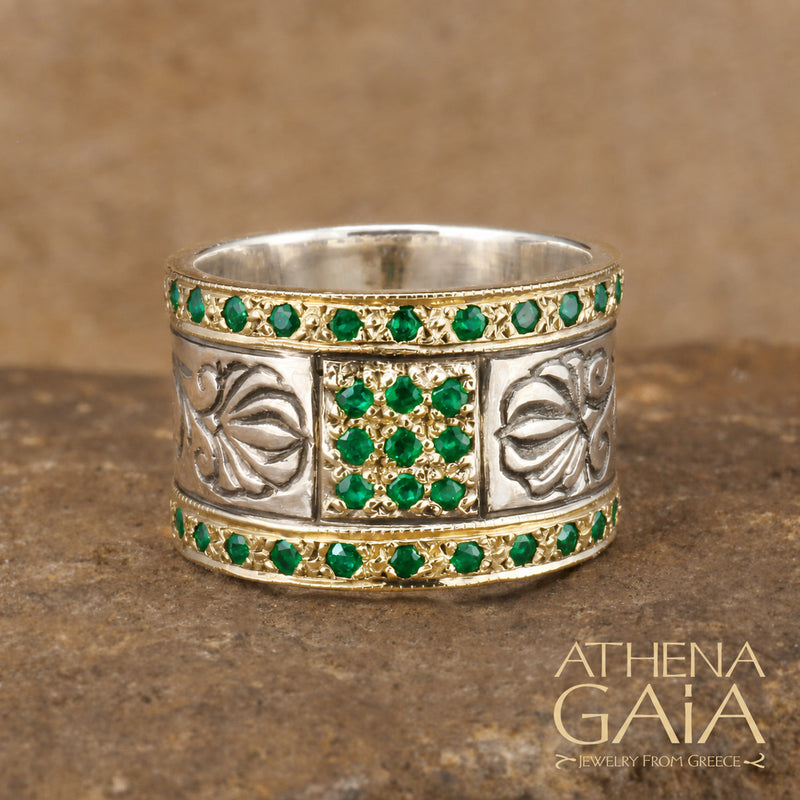 Stone Gold Field Tall Double Ring 18 Gold & Sterling Silver Ring - Cigar Band Ring