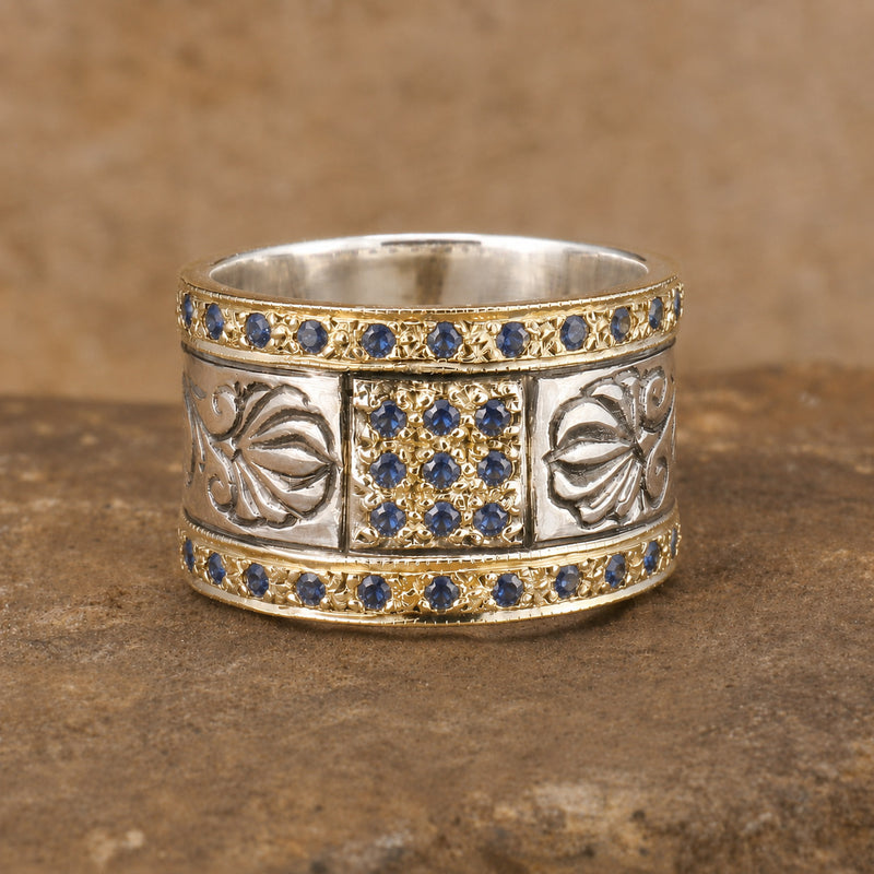 Stone Gold Field Tall Double Ring 18 Gold & Sterling Silver Ring - Cigar Band Ring