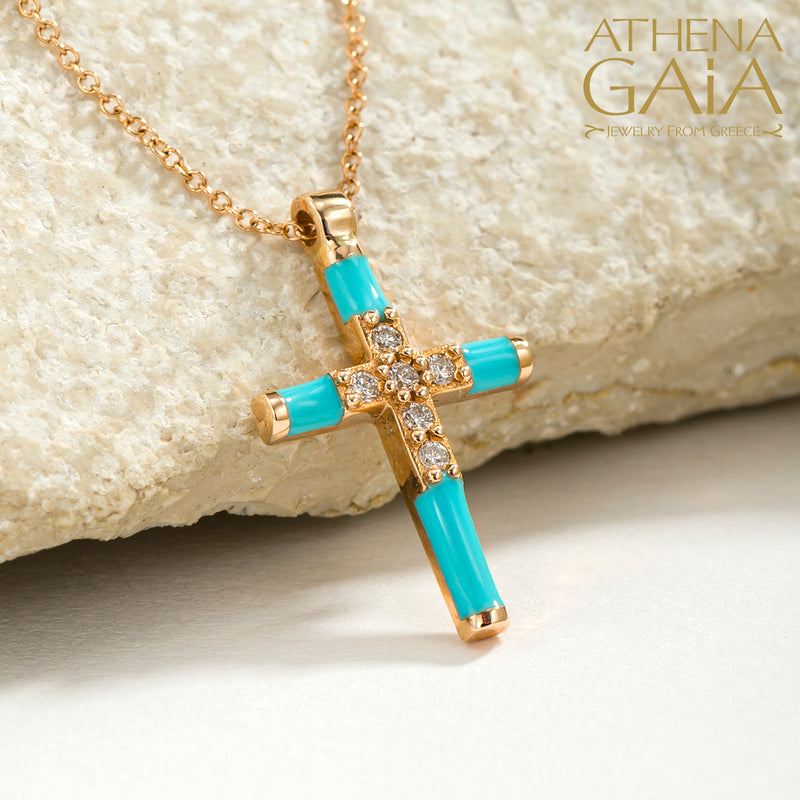 Enamel Diamond Row Cross Necklace - 18k Gold - Latin Cross