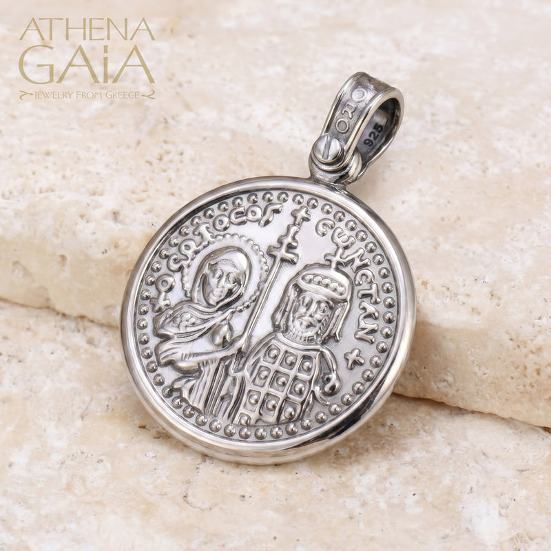 Konstantino and Eleni Cross Pendant - Sterling Silver - Coin Konstantinata