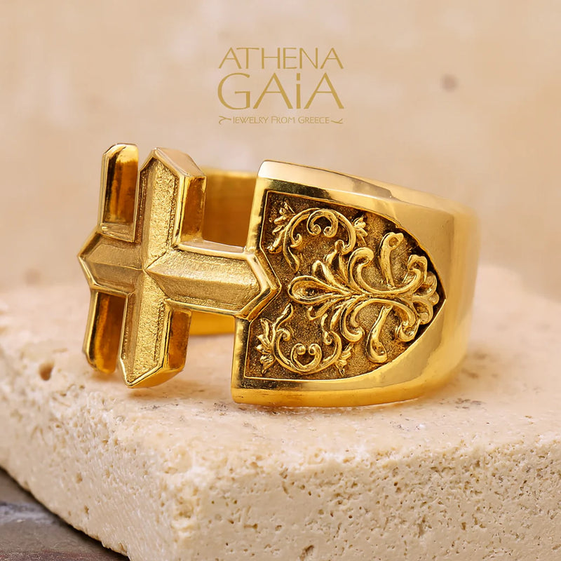 Open Cross Floral Ring - 18k Gold - Club Ring