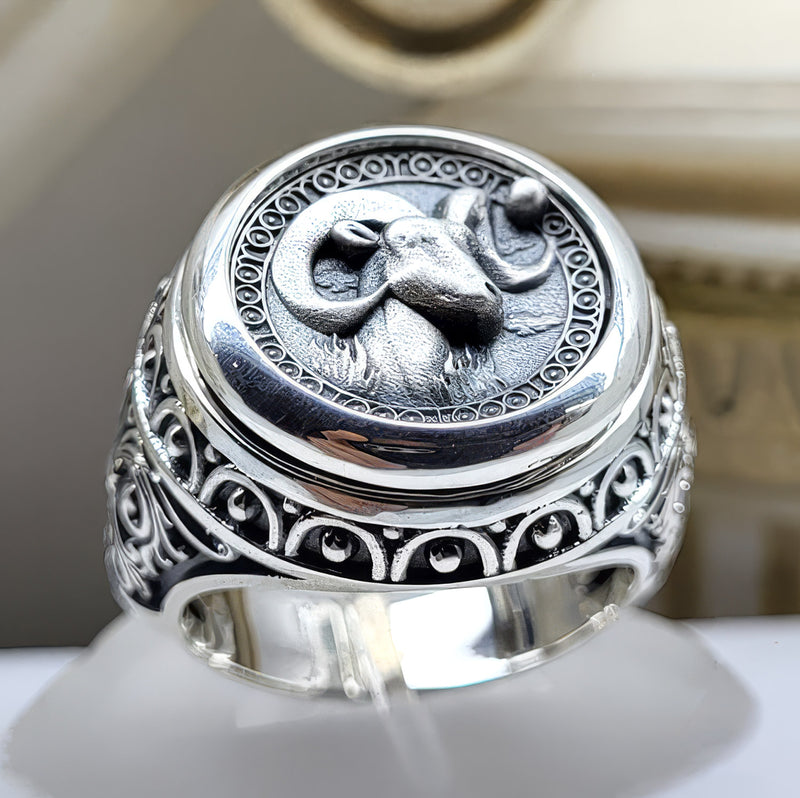 Aries Zodiac Sign Ring - Sterling Silver - Signet Ring