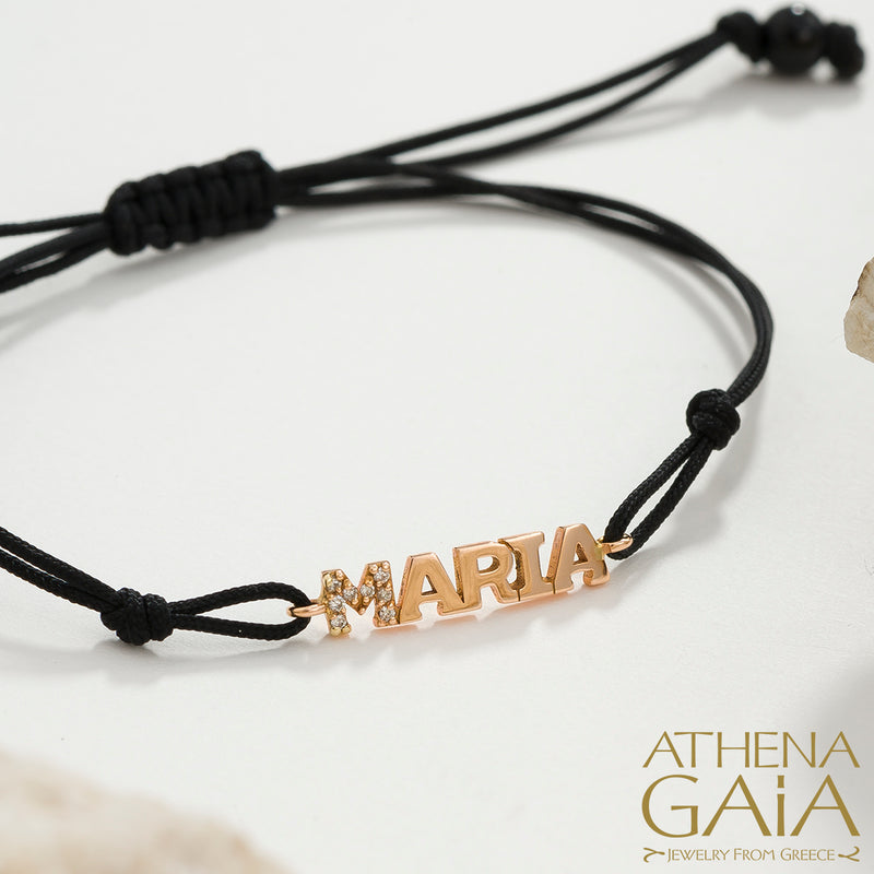 Personalized Name - Adjustable Cord with Diamonds Bracelet -18k Gold Bracelet