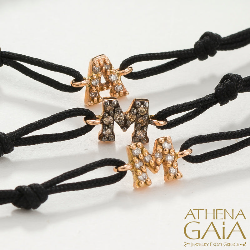 Single Initial - Adjustable Cord with Diamonds Bracelet - 18k Gold Bracelet