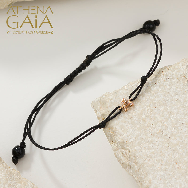 Single Initial - Adjustable Cord with Diamonds Bracelet - 18k Gold Bracelet