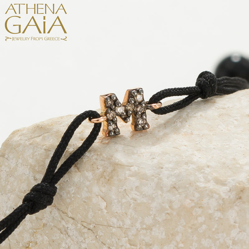 Single Initial - Adjustable Cord with Diamonds Bracelet - 18k Gold Bracelet