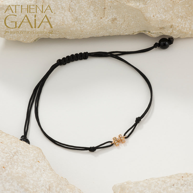 Single Initial - Adjustable Cord with Diamonds Bracelet - 18k Gold Bracelet