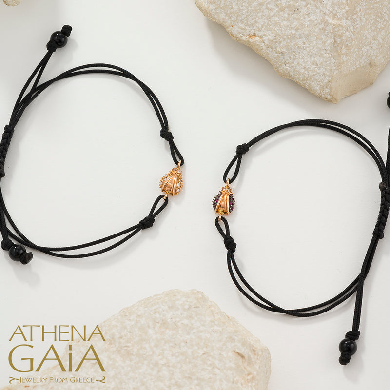 Golden Ladybug - Adjustable Cord with Stones Bracelet - 18k Gold Bracelet