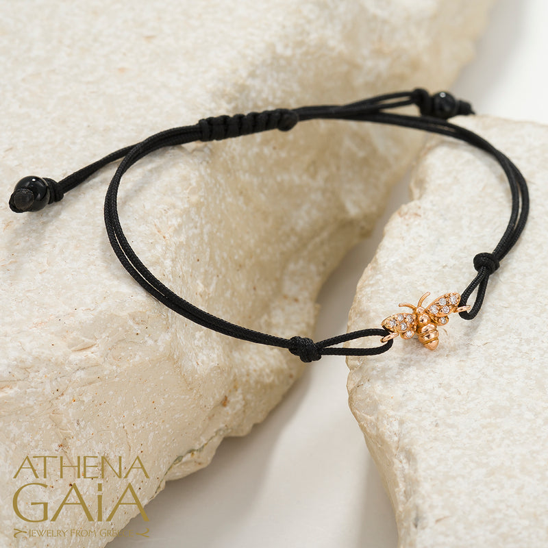 Golden Bee - Adjustable Cord with Diamonds Bracelet - 14k Gold Bracelet