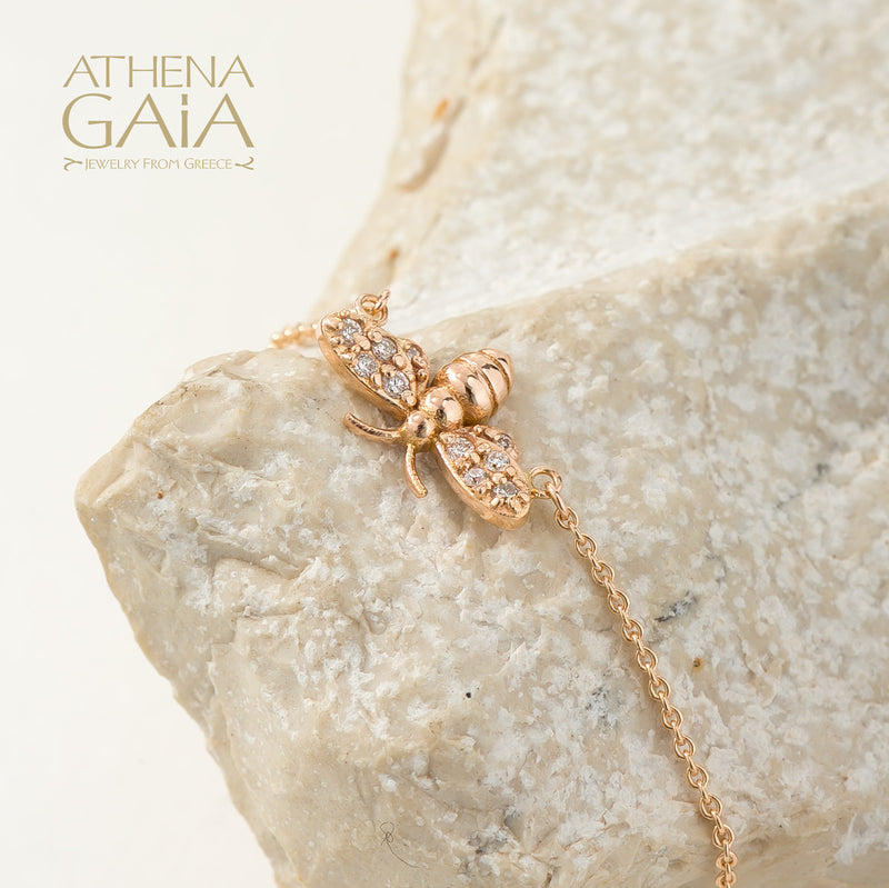 Golden Bee With Diamonds Bracelet - 14k Gold Bracelet