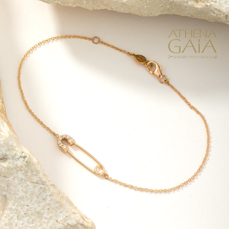 Golden Safety Pin With Diamonds Bracelet - 18k Gold Bracelet