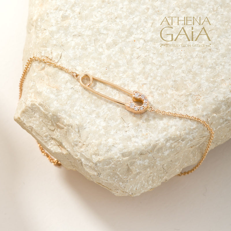 Golden Safety Pin With Diamonds Bracelet - 18k Gold Bracelet