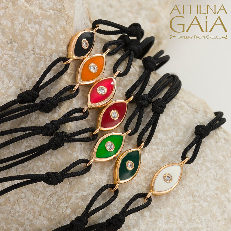 Evil Eye Bracelet - 18k Gold Adjustable Cord with Diamond & Enamel | Greek Mati