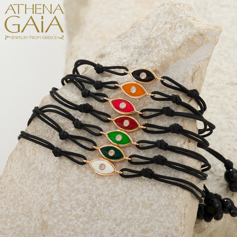 Evil Eye Bracelet - 18k Gold Adjustable Cord with Diamond & Enamel | Greek Mati