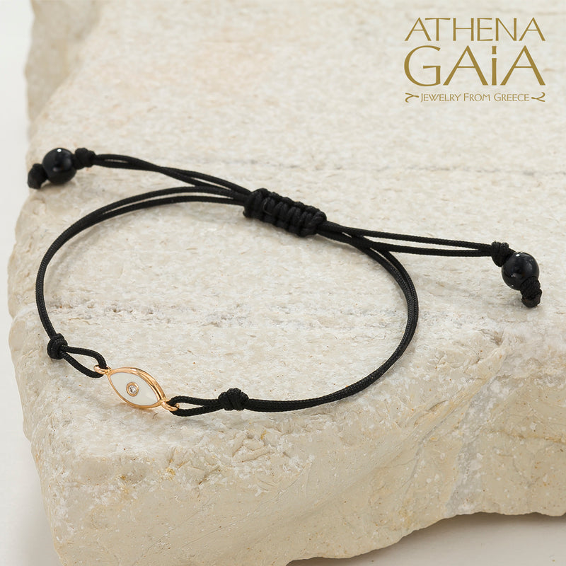 Evil Eye Bracelet - 18k Gold Adjustable Cord with Diamond & Enamel | Greek Mati