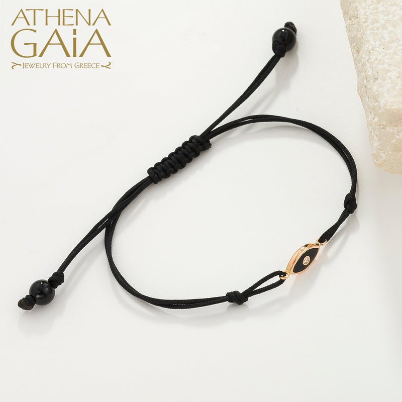 Evil Eye Bracelet - 18k Gold Adjustable Cord with Diamond & Enamel | Greek Mati