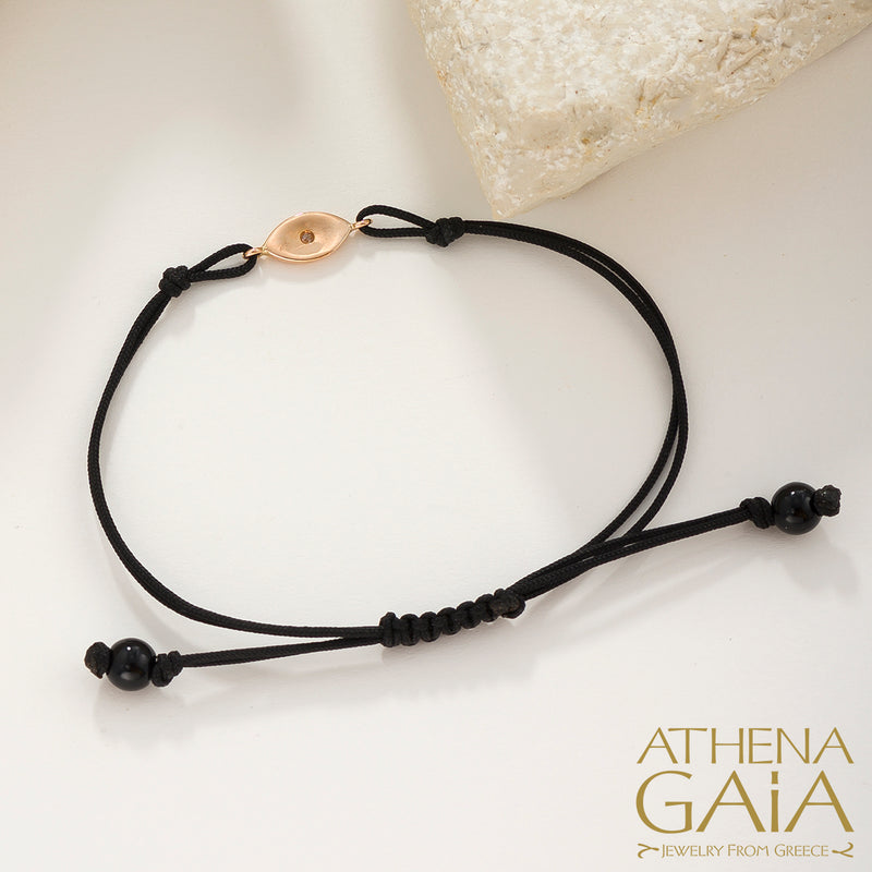 Evil Eye Bracelet - 18k Gold Adjustable Cord with Diamond & Enamel | Greek Mati