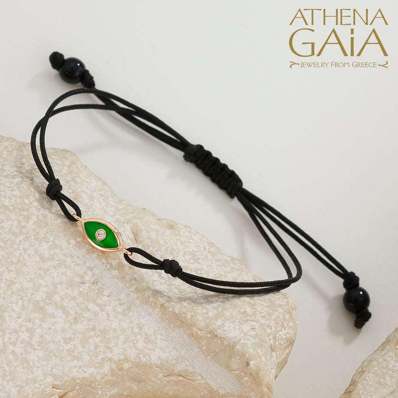 Evil Eye Bracelet - 18k Gold Adjustable Cord with Diamond & Enamel | Greek Mati