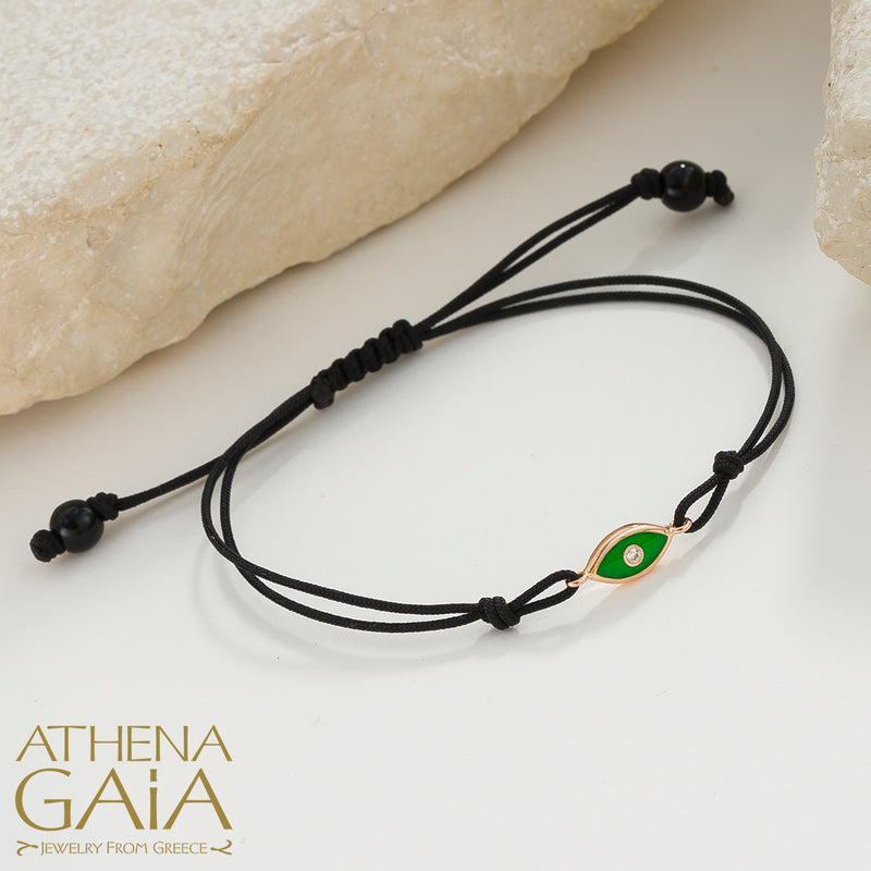 Evil Eye Bracelet - 18k Gold Adjustable Cord with Diamond & Enamel | Greek Mati