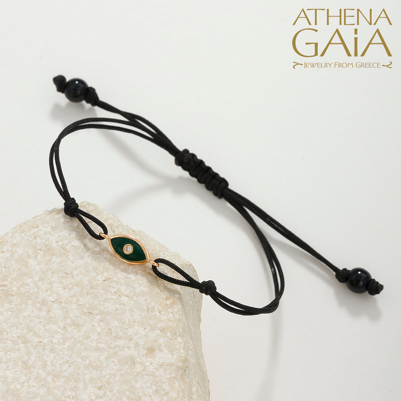 Evil Eye Bracelet - 18k Gold Adjustable Cord with Diamond & Enamel | Greek Mati