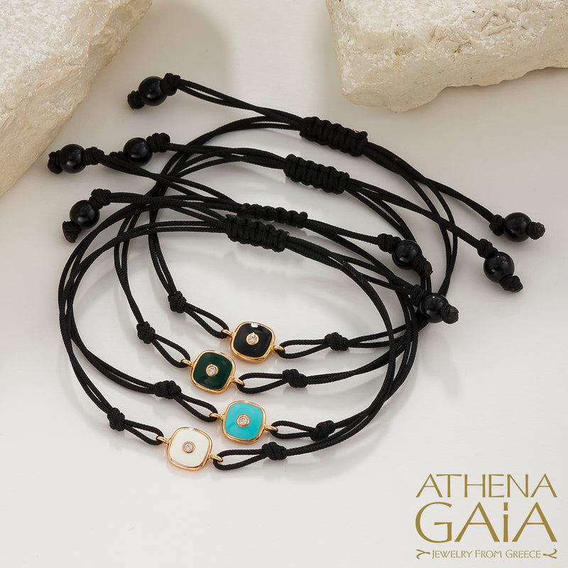 Square Enamel Evil Eye - Adjustable Cord with Diamond Bracelet- 14k Gold - Evil Eye Bracelet