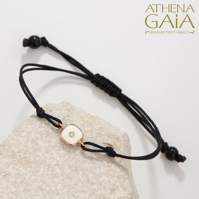 Square Enamel Evil Eye - Adjustable Cord with Diamond Bracelet- 14k Gold - Evil Eye Bracelet