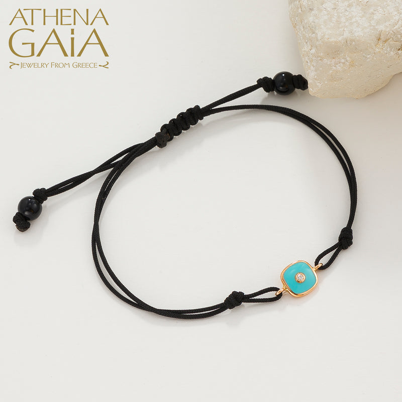 Square Enamel Evil Eye - Adjustable Cord with Diamond Bracelet- 14k Gold - Evil Eye Bracelet