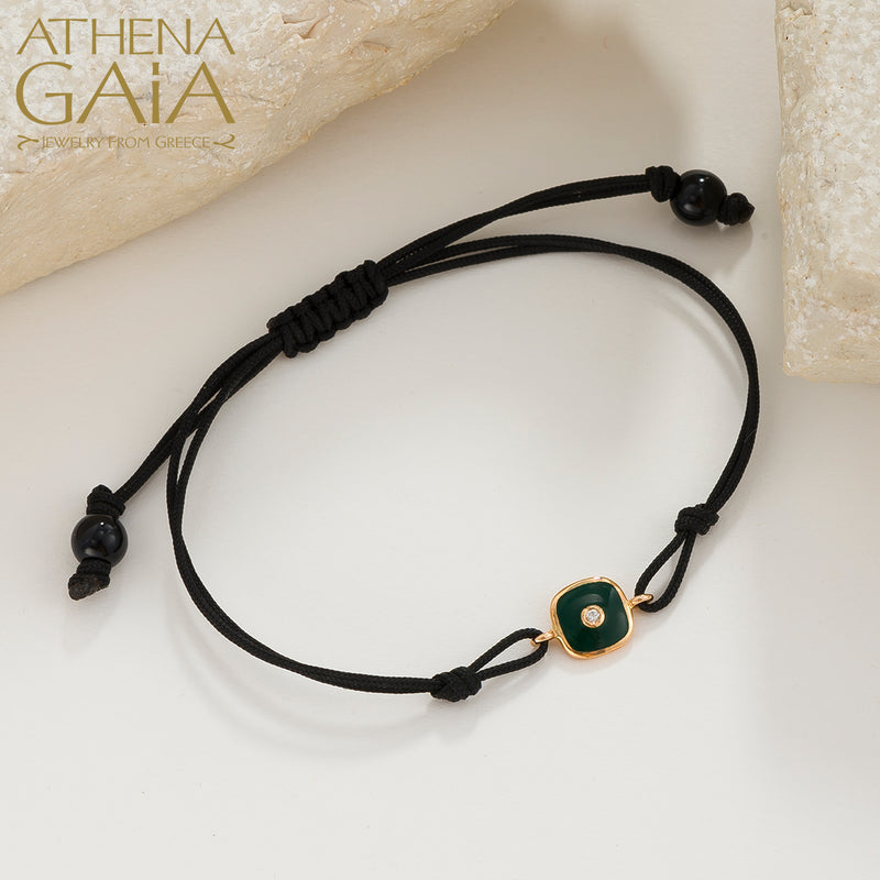 Square Enamel Evil Eye - Adjustable Cord with Diamond Bracelet- 14k Gold - Evil Eye Bracelet