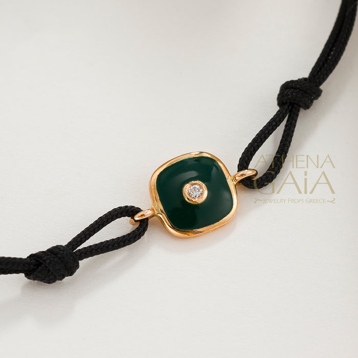 Square Enamel Evil Eye - Adjustable Cord with Diamond Bracelet- 14k Gold - Evil Eye Bracelet