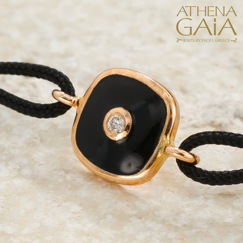 Square Enamel Evil Eye - Adjustable Cord with Diamond Bracelet- 14k Gold - Evil Eye Bracelet