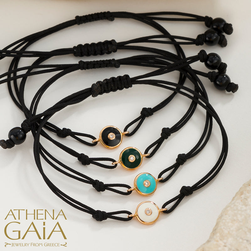 Round Enamel Evil Eye - Adjustable Cord with Diamond Bracelet- 18k Gold - Evil Eye Bracelet