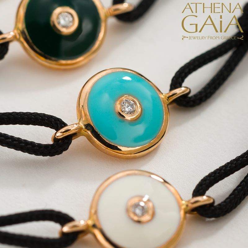 Round Enamel Evil Eye - Adjustable Cord with Diamond Bracelet- 18k Gold - Evil Eye Bracelet
