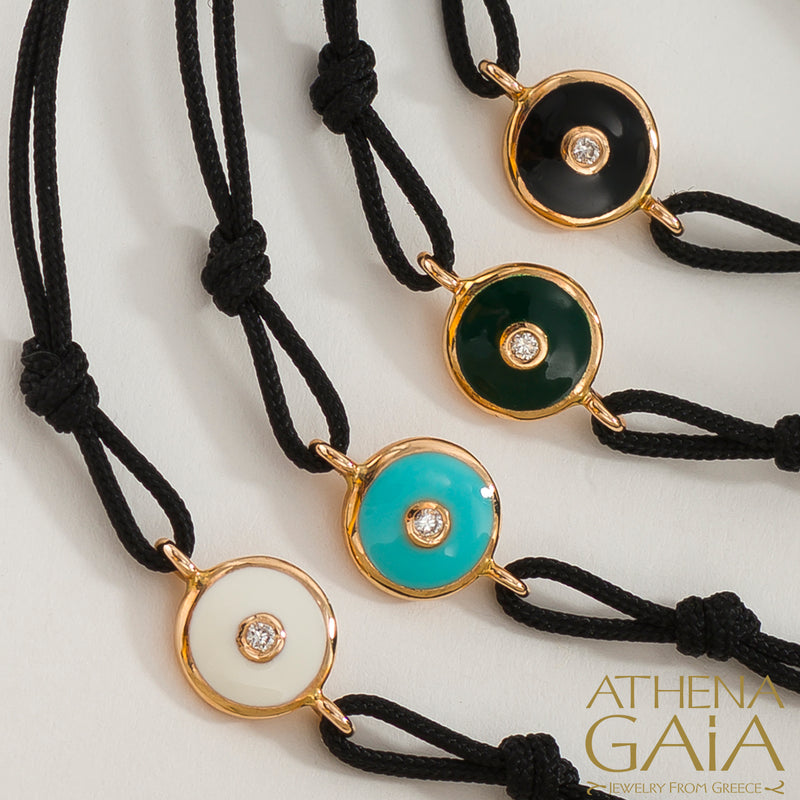 Round Enamel Evil Eye - Adjustable Cord with Diamond Bracelet- 18k Gold - Evil Eye Bracelet