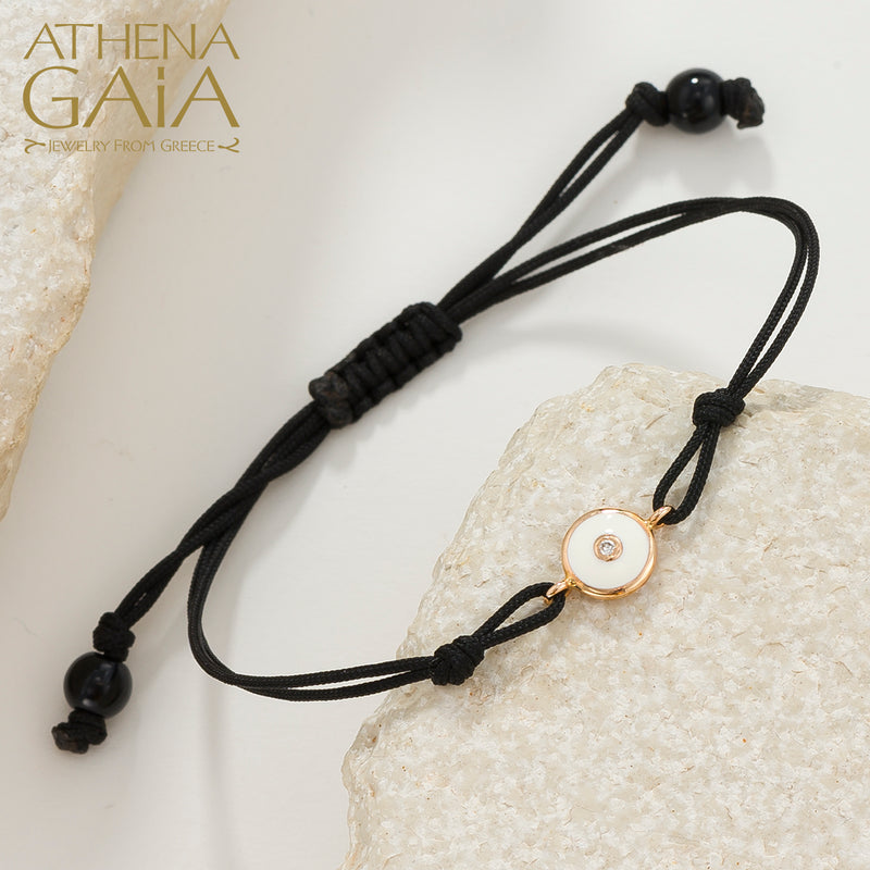 Round Enamel Evil Eye - Adjustable Cord with Diamond Bracelet- 18k Gold - Evil Eye Bracelet