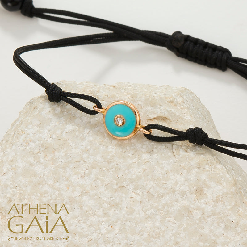 Round Enamel Evil Eye - Adjustable Cord with Diamond Bracelet- 18k Gold - Evil Eye Bracelet