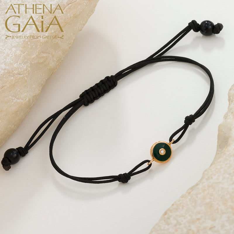 Round Enamel Evil Eye - Adjustable Cord with Diamond Bracelet- 18k Gold - Evil Eye Bracelet