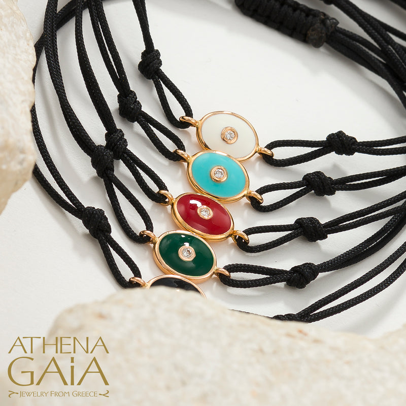 Oval Enamel Evil Eye - Adjustable Cord with Diamond Bracelet - 18k Gold - Evil Eye Bracelet