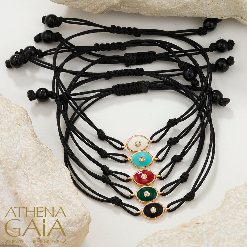 Oval Enamel Evil Eye - Adjustable Cord with Diamond Bracelet - 18k Gold - Evil Eye Bracelet