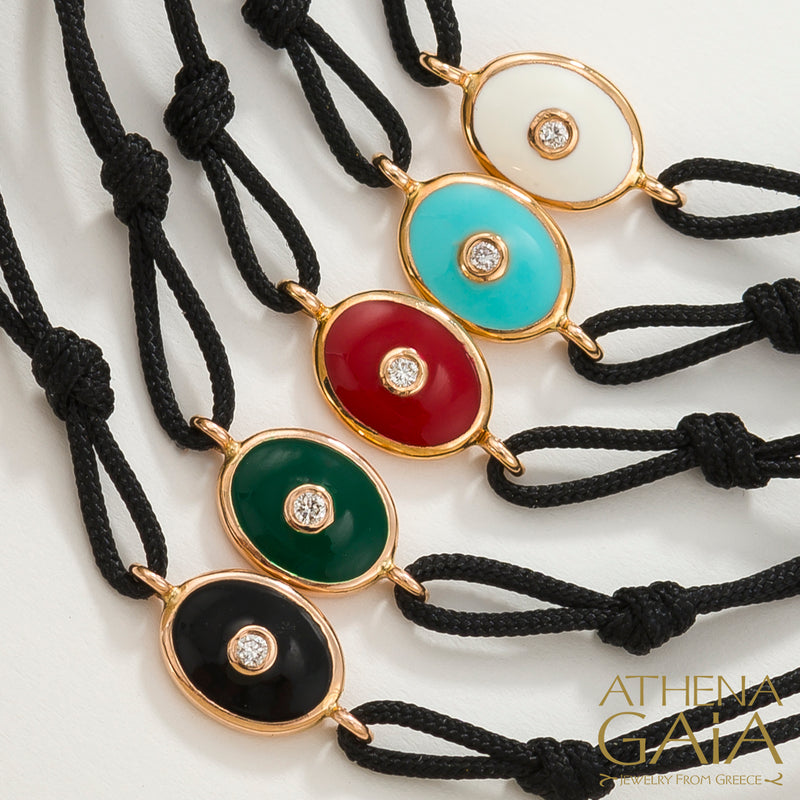 Oval Enamel Evil Eye - Adjustable Cord with Diamond Bracelet - 18k Gold - Evil Eye Bracelet