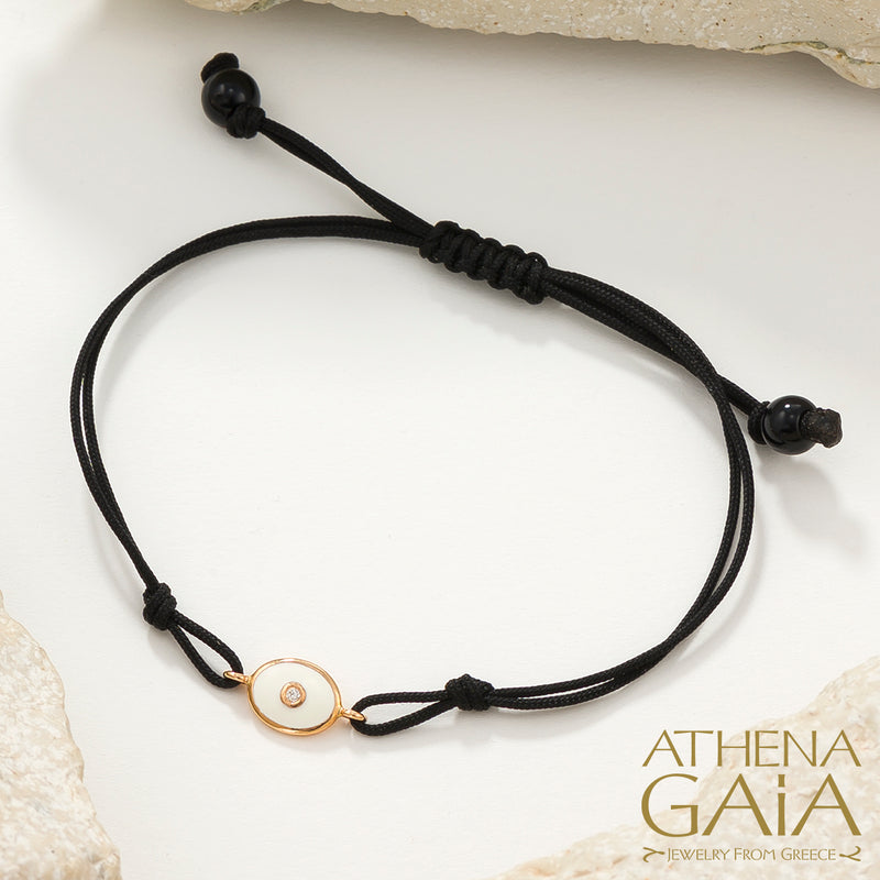 Oval Enamel Evil Eye - Adjustable Cord with Diamond Bracelet - 18k Gold - Evil Eye Bracelet