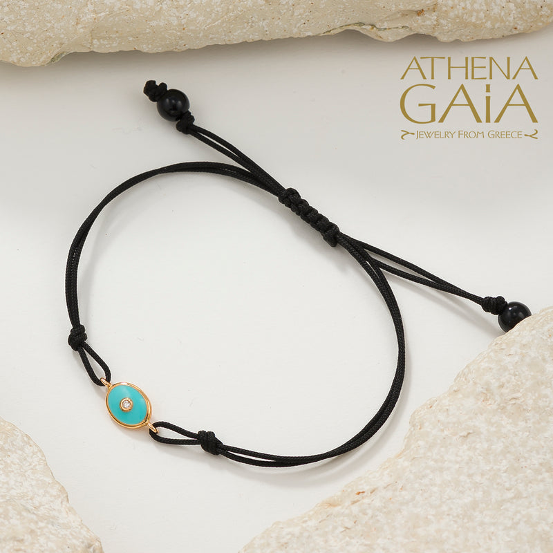 Oval Enamel Evil Eye - Adjustable Cord with Diamond Bracelet - 18k Gold - Evil Eye Bracelet